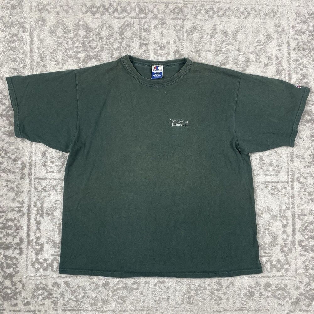 Vintage Champion T Shirt Mens Olive Green Logo Tee State Farm Size XL